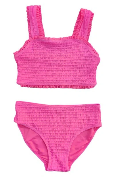 Ava & Yelly Kids' Ruffle Smocked Two-piece Swimsuit In Neon Pink