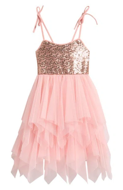 Ava & Yelly Kids' Sequin & Tulle Handkerchief Hem Dress In Pink