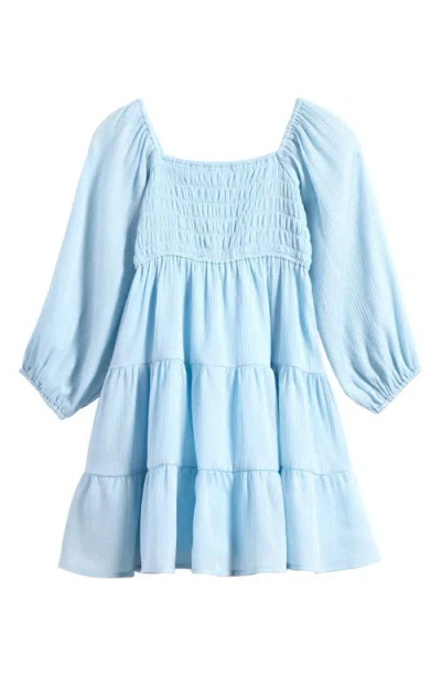 Ava & Yelly Kids' Shimmer Crinkle Long Sleeve Babydoll Dress In Light Blue