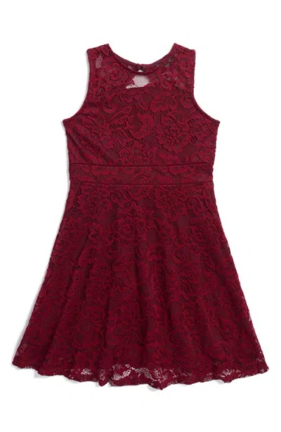 Ava & Yelly Kids' Sleeveless Lace Skater Dress In Burgundy