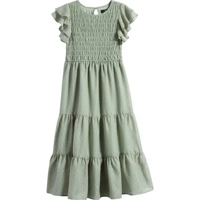 Ava & Yelly Kids' Smocked Bodice Clip Dot Chiffon Party Dress In Sage