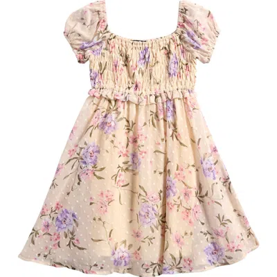 Ava & Yelly Kids' Smocked Puff Sleeve Party Dress In Ivory Multi