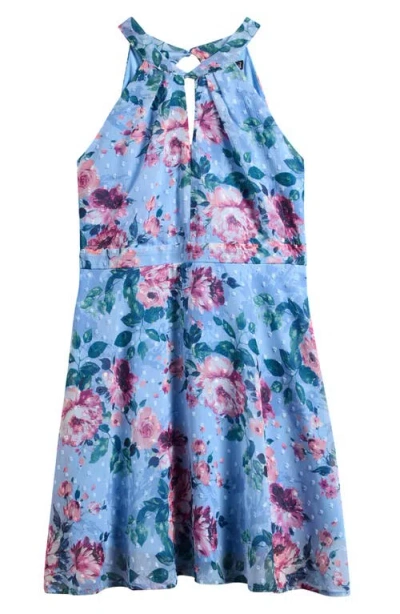 Ava & Yelly Kids' Twist Front Floral Print Skater Dress In Blue