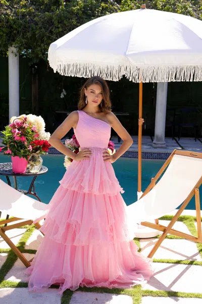 Ava Presley 29131 Pleated A Line Beaded Long Formal Teired Prom Dress In Pink