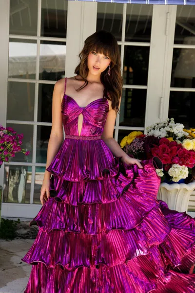 Ava Presley 29263 Long Formal Tiered A Line Metallic Prom Dress In Pink