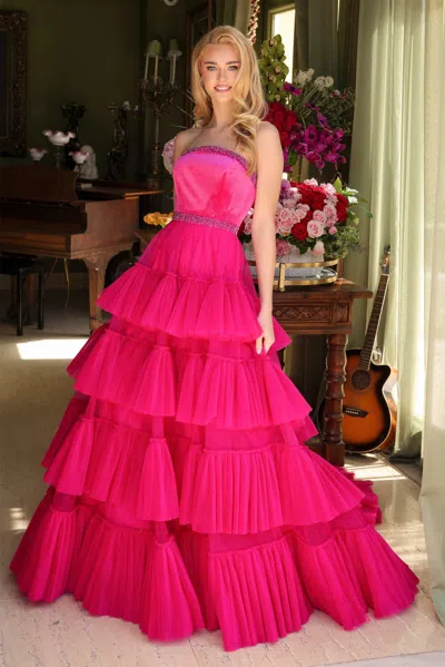 Ava Presley 29529 Long Formal Ruffle Tiered Ball Gown Pleated Prom Dress In Pink