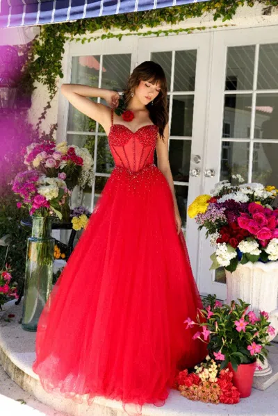Ava Presley 29530 Long Beaded Formal A Line Prom Dress In Red