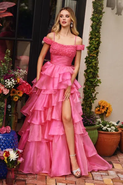 Ava Presley 29544 Long Ruffle A Line Prom Slit Formal Dress In Pink