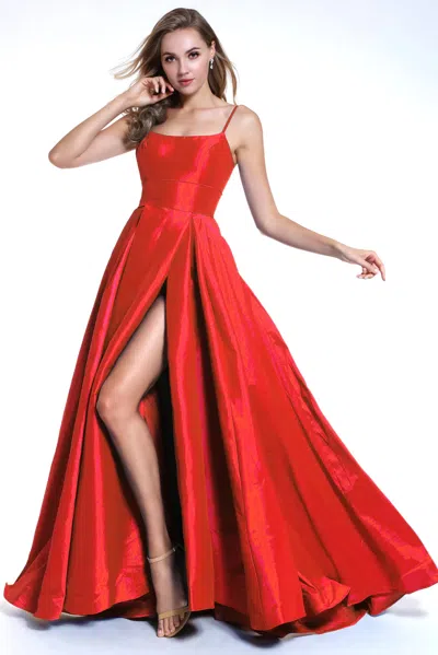 Ava Presley 35738 Long A Line Formal Slit Prom Dress In Red