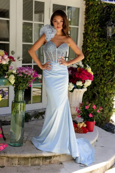 Ava Presley 39558 Metallic Long Formal Beaded Corset Prom Dress In Blue
