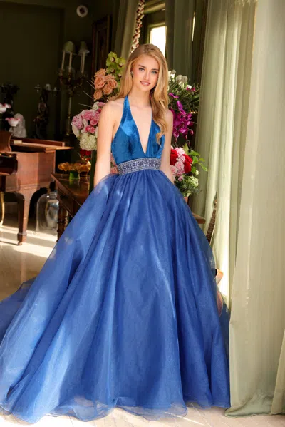 Ava Presley 39580 Prom A Line Long Formal Beaded Dress In Blue