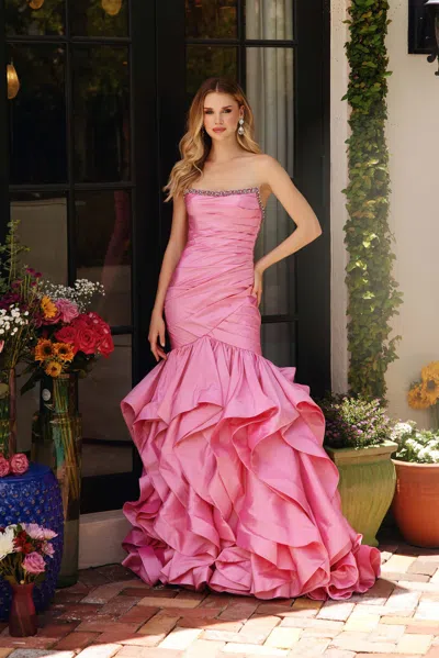 Ava Presley 40068 Pleated Long Formal Ruffle Mermaid Prom Dress In Pink