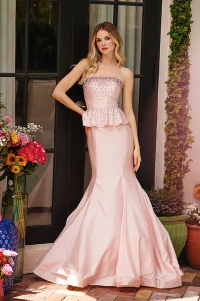 Ava Presley 40092 Beaded Long Formal Peplum Mermaid Prom Dress In Pink