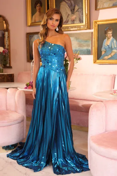 Ava Presley 40105 Long A Line Pleated Formal Beaded Metallic Prom Dress In Blue