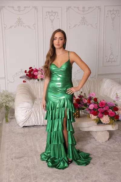 Ava Presley 47101 Prom Fitted Long Formal Metallic Tiered Prom Dress In Green