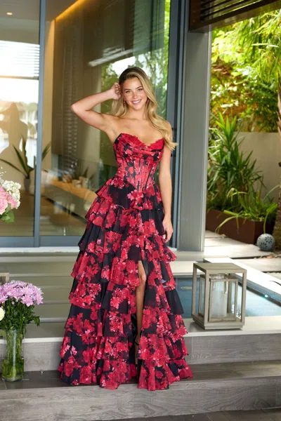 Ava Presley 47108 Tiered Long Floral Print Formal Corset Prom Dress In Multi
