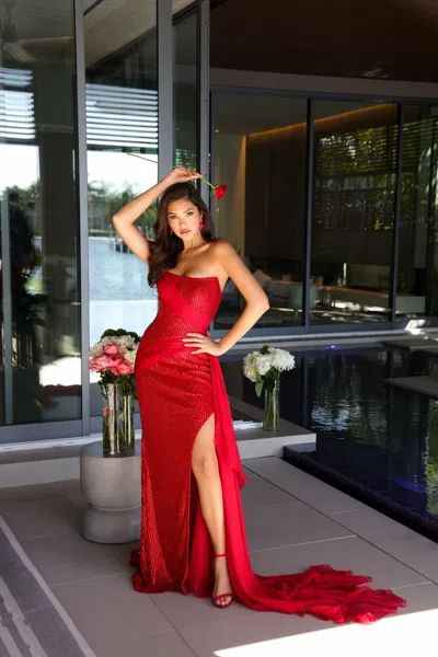 Ava Presley 47124 Long Formal Beaded Prom Evening Dress In Red