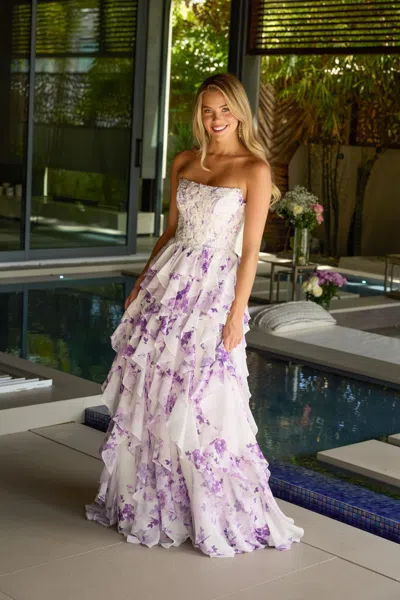 Ava Presley 47145 Long Floral Print Ball Gown Ruffle Prom Dress In Purple