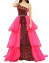 Ava Presley Asymmetrical Sequin Gown With Multi-tiered Overlay Skirt In Black / Pink In Multi
