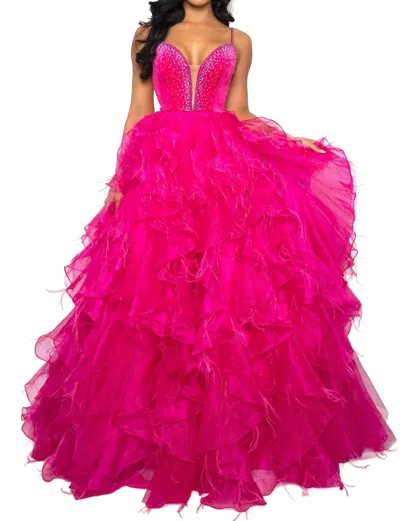 Ava Presley Beaded Bodice Ruffled Tulle Ball Gown In Fuchsia In Pink