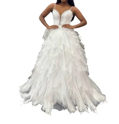 Ava Presley Beaded Bodice Ruffled Tulle Ball Gown In White