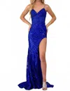 Ava Presley Beaded Bodice With Stretch Satin Fitted Gown In Royal In Blue