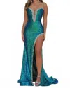 Ava Presley Beaded Fitted Evening Gown In Iridescent Teal In Blue