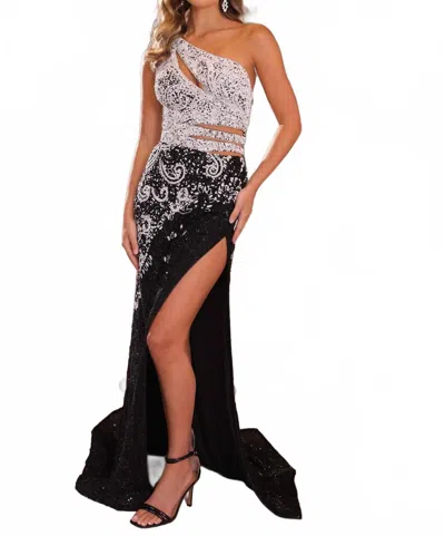 Ava Presley Beaded One Shoulder Long Dress In Black/ivory In Multi