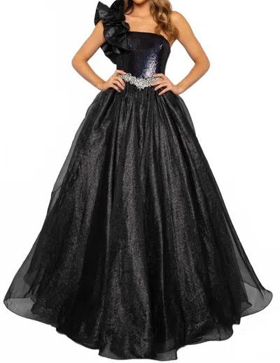 Ava Presley Embellished Ruffled One Shoulder Ball Gown In Black Ab