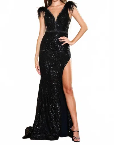 Ava Presley Feather Sleeves Prom Dress In Black
