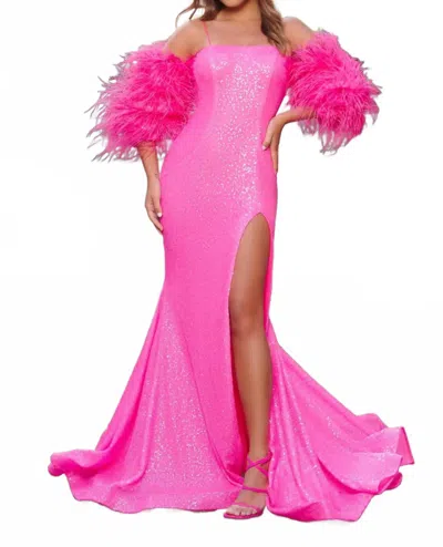 Ava Presley Fitted Evening Gown With Feather Detailing In Neon Hot Pink