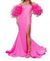 Ava Presley Fitted Evening Gown With Feather Detailing In Neon Hot Pink In Multi