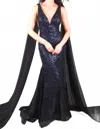 Ava Presley Fitted Sequin Evening Gown With Cascading Sash In Black In Black