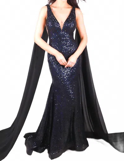 Ava Presley Fitted Sequin Evening Gown With Cascading Sash In Black In Blue