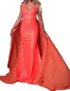 Ava Presley Fitted Sequin Evening Gown With Cascading Sash In Neon Orange In Orange