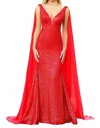 Ava Presley Fitted Sequin Evening Gown With Cascading Sash In Red In Red
