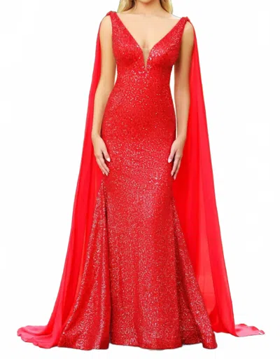 Ava Presley Fitted Sequin Evening Gown With Cascading Sash In Red