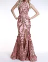 Ava Presley Halter Mermaid Gown In Coral/gold