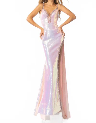 Ava Presley Iridescent Sequin Gown With Slit In Iridescent Pink In Metallic