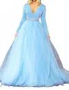 Ava Presley Velvet Sequin Long Sleeved Ball Gown In Iridescent Light Blue In Blue