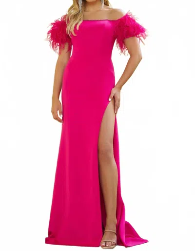 Ava Presley Off Shoulder Feather Trim Evening Dress In Hot Pink