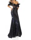 Ava Presley Off-the-shoulder Gown With Feather Accents In Black In Blue