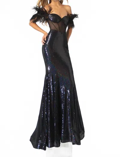 Ava Presley Off-the-shoulder Gown With Feather Accents In Black In Blue