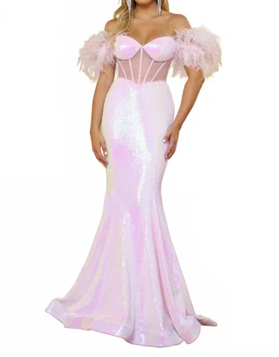 Ava Presley Off-the-shoulder Gown With Feather Accents In Iridescent Blush In Pink