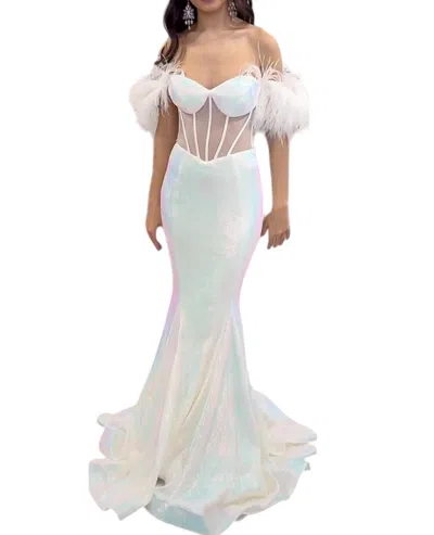 Ava Presley Off-the-shoulder Gown With Feather Accents In Iridescent White