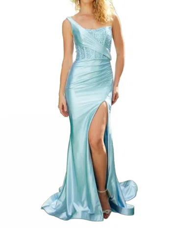 Ava Presley One Shoulder Bodice Prom Gown In Light Blue