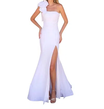 Ava Presley One Shoulder Satin Gown With Rosette Detail In White