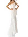 Ava Presley One Shoulder Sequin Gown With Bow In Off White In White