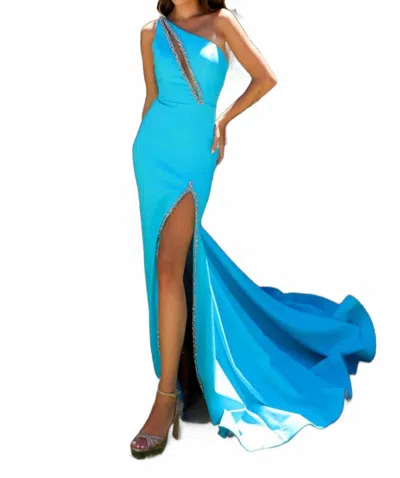 Ava Presley One Shoulder Slit Evening Gown In Turquoise In Blue