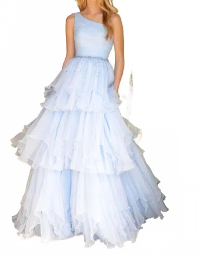 Ava Presley One Shoulder Tiered Ruffle Ball Dress In Light Blue